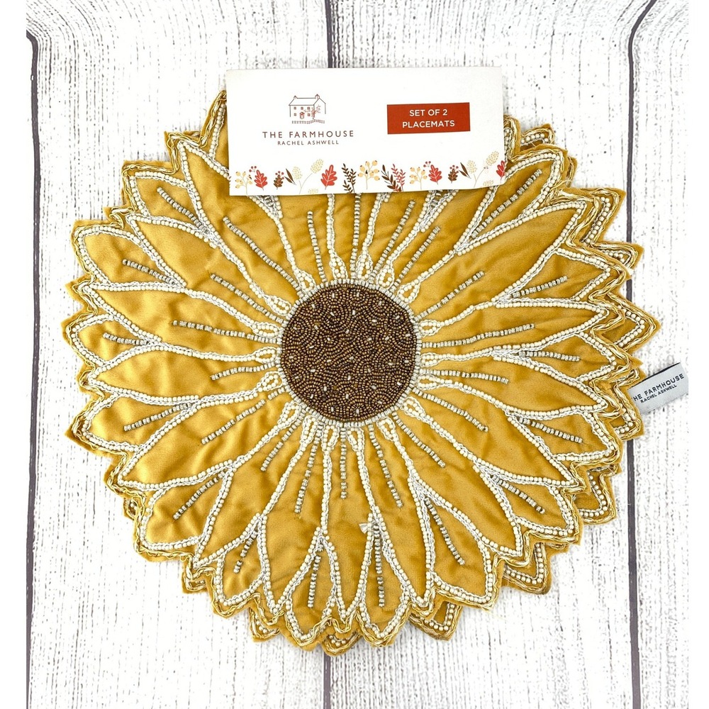 Rachel Ashwell The Farmhouse Sunflower Placemats (2) Yellow Beaded Floral Autumn